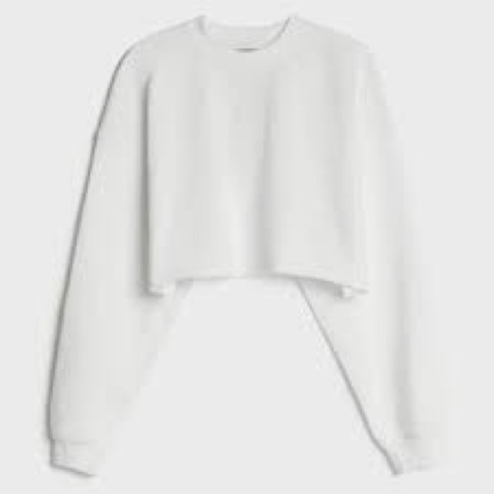 Bershka White Cropped Crew Sweatshirt
